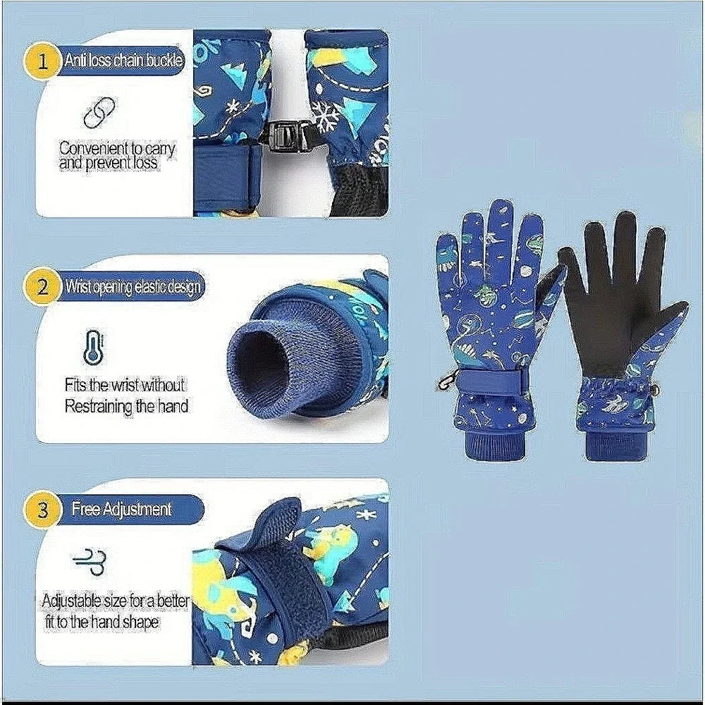 Kids Winter Snowboarding Ski Gloves 7-9 YO Blue Animals Snow Insulated Warm